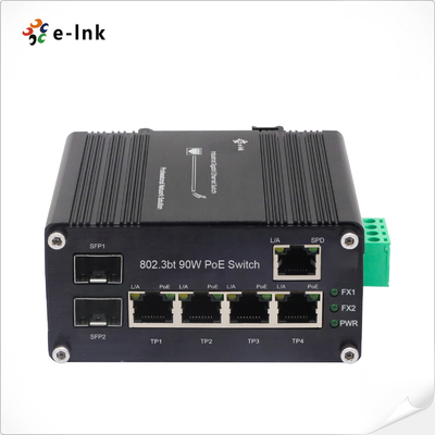 Industrial Unmanaged 4 Port 802.3bt 90W PoE Switch con 1-Port RJ45 & 2-Port Fibra SFP